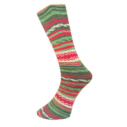 Gestrickte Socke aus Ferner 4fach Sockenwolle in Grün und Rot mit Jacquard-Streifen, Farbe 4-2412