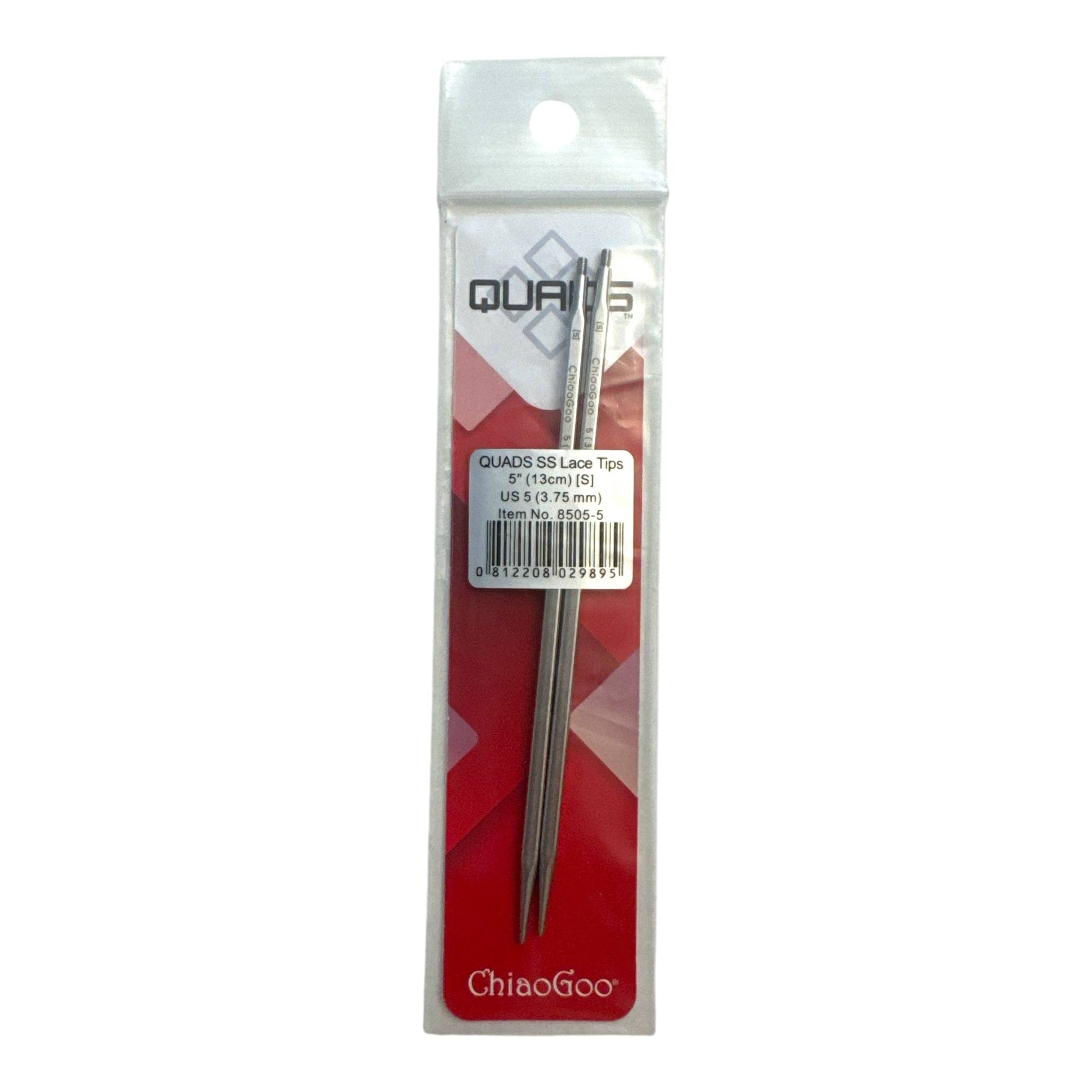ChiaoGoo QUADS™ Lace Nadelspitzen in Originalverpackung — rote Karte mit Quads-Logo, Größenangabe 5" (13 cm) [S], US 5 (3,75 mm), Item No. 8505-5.