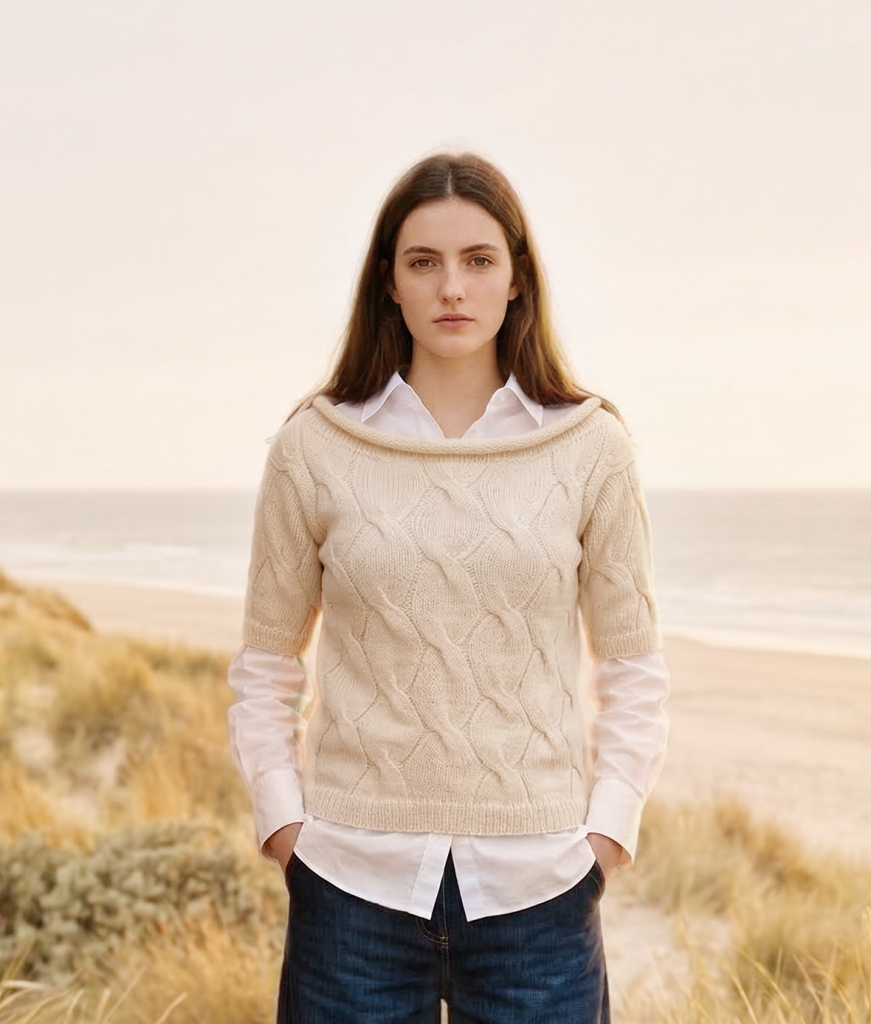 Sesia Lookbook: cremefarbener Pullover mit Zopfmuster, kombiniert mit weißem Hemd
