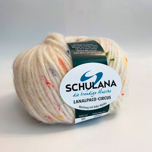 Lanalpaco-Circus von Schulana -  35% Baumwolle  34% Schurwolle  28% Alpaka  3% Viskose  50 g = ca. 110 m