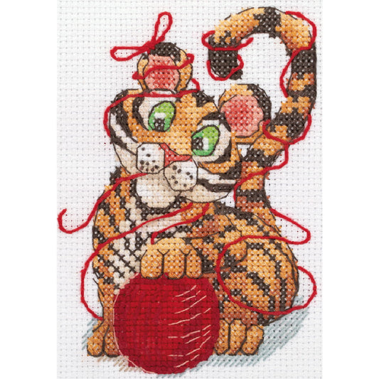Sticken in Hamburg Klart Kreuzstich Set "Kleiner Tiger und Wollknäuel", Zählmuster, 11,5x14,5cm